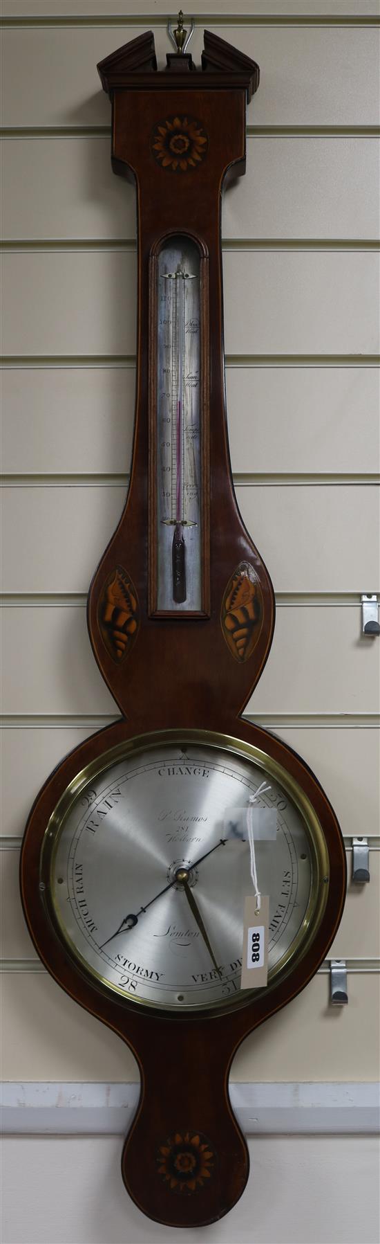 A Regency inlaid mahogany wheel barometer, P. Ramos, 281 Holborn, London, 99cm